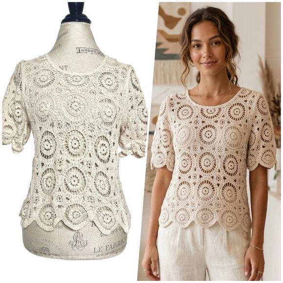 Solitaire Tops - Solitaire | Women | Neutral Beige Crochet Open Knit Boho Scalloped Top | Medium
